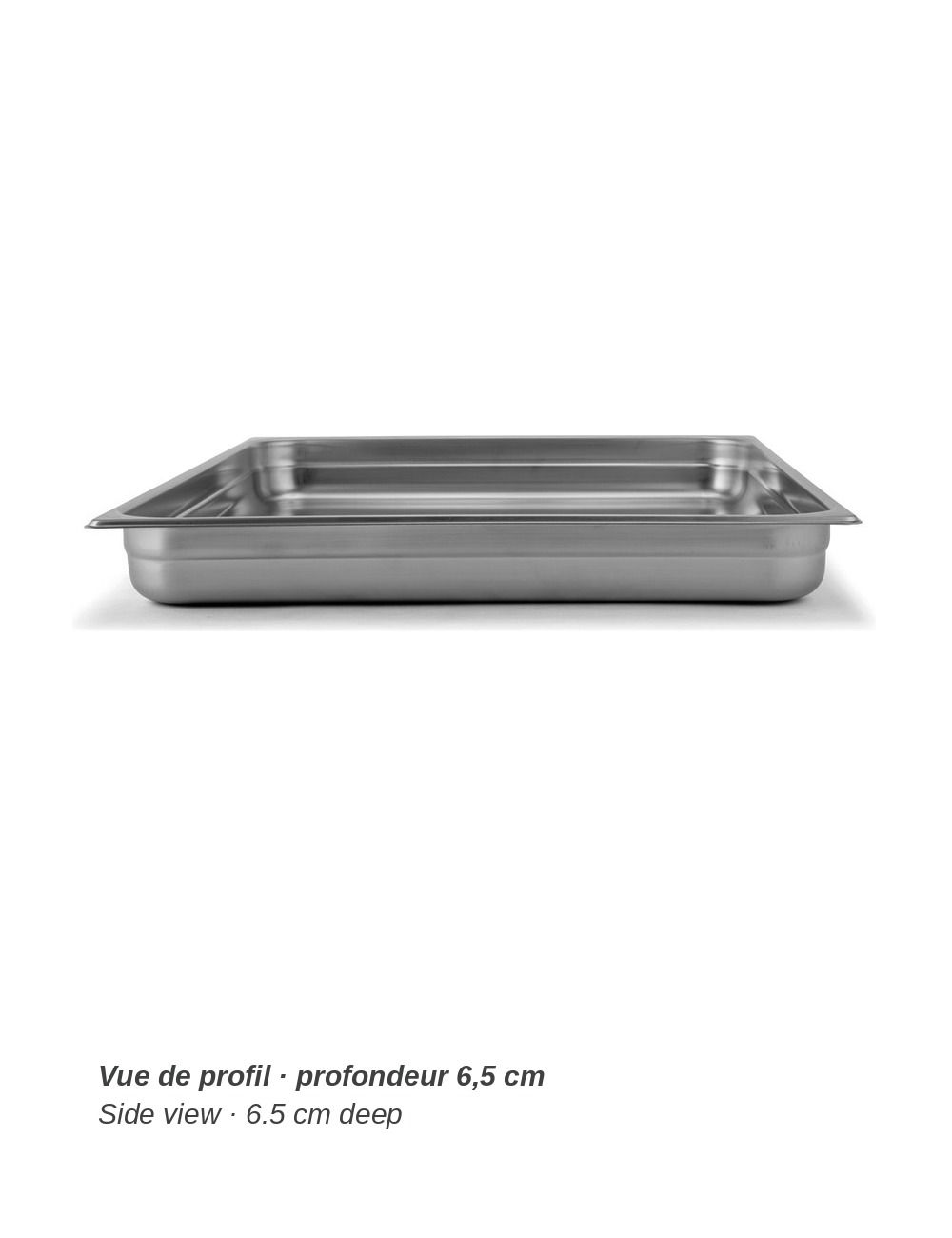 Bac GN 2/1 en inox PADERNO - vue de profil, profondeur 6,5 cm
