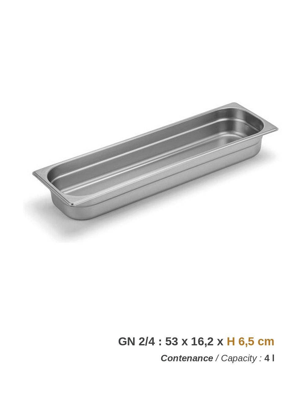 Bac GN 2/4 en inox - profondeur 6,5 cm, contenance 4 l