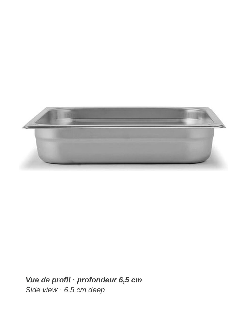 Bac GN 2/3 en inox PADERNO - vue de profil, profondeur 6,5 cm