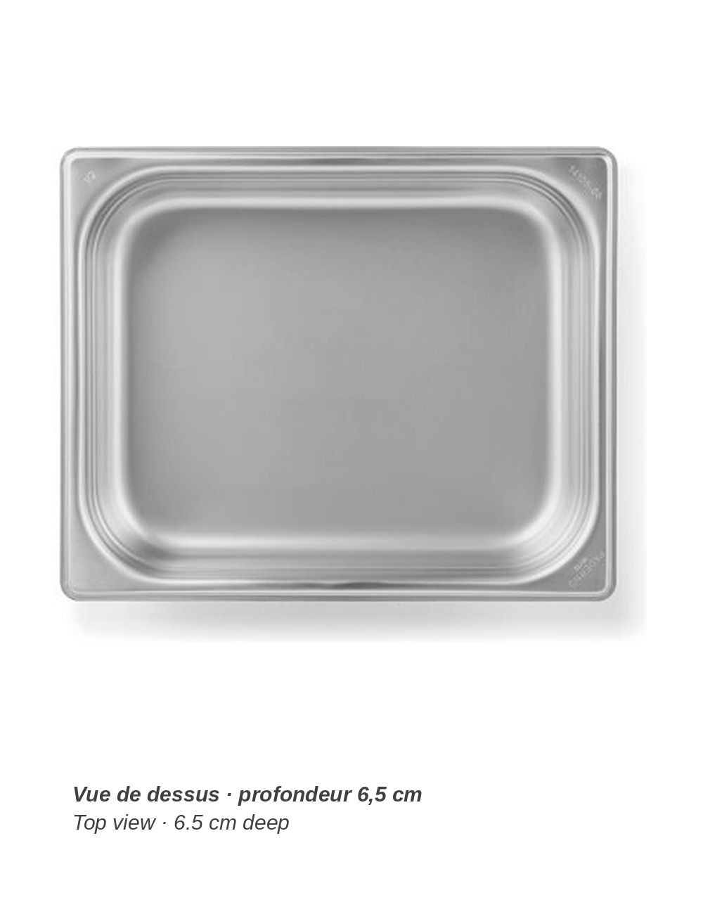 Bac GN 1/2 en inox PADERNO - vue de dessus, profondeur 6,5 cm