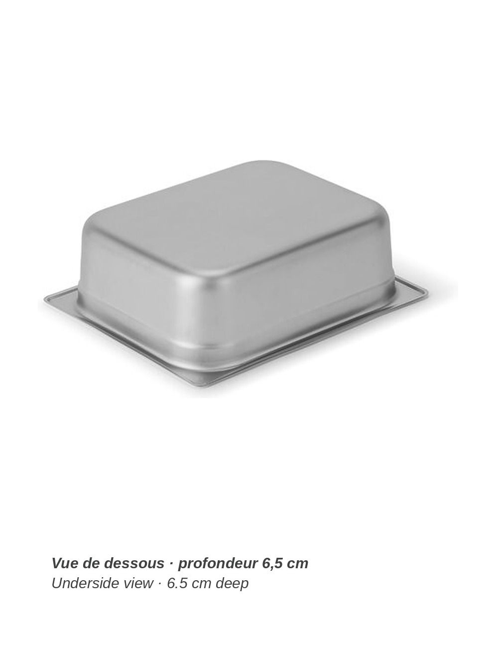Bac GN 1/2 en inox PADERNO - vue de dessous, profondeur 6,5 cm
