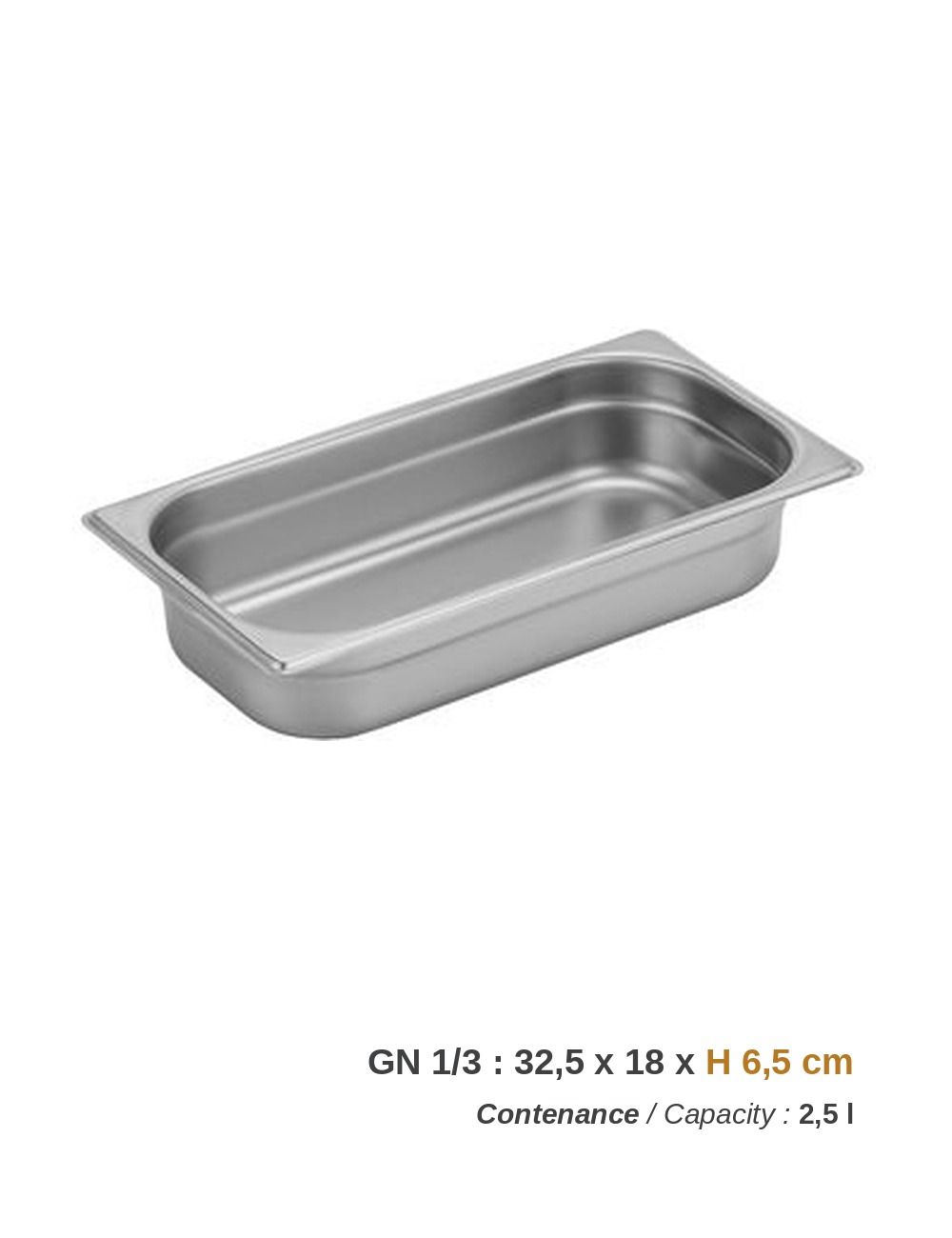 Bac GN 1/3 en inox - profondeur 6,5 cm, contenance 2,5 l