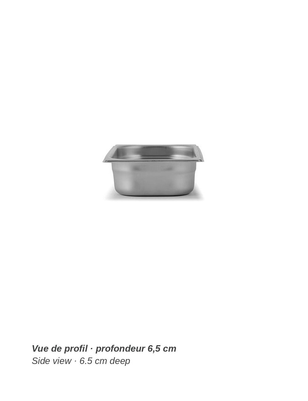 Bac GN 1/3 en inox PADERNO - vue de profil, profondeur 6,5 cm