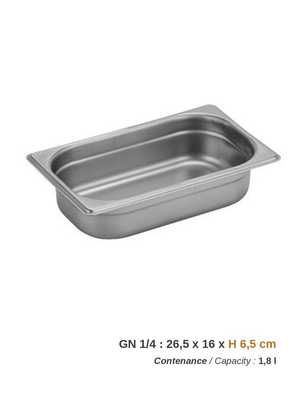 Bac GN 1/4 en inox - profondeur 6,5 cm, contenance 1,8 l