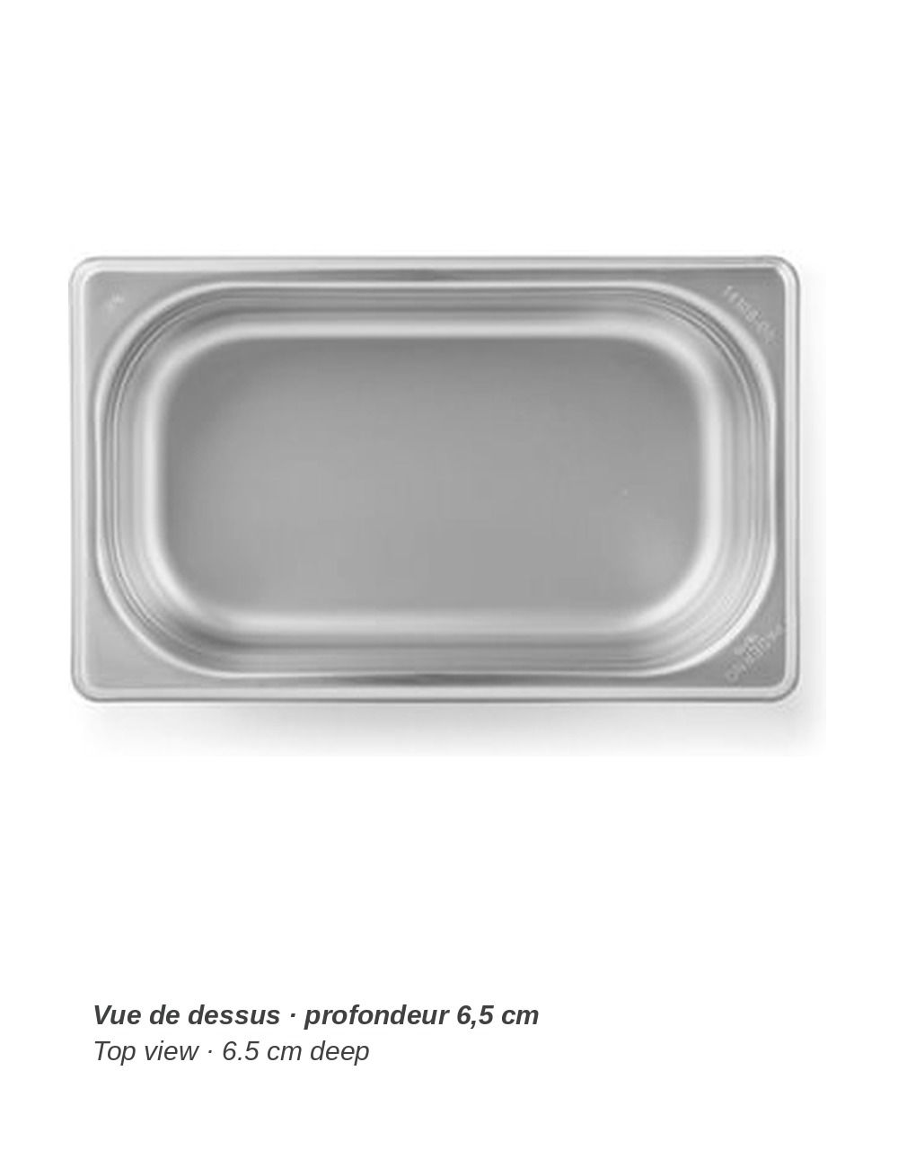Bac GN 1/4 en inox PADERNO - vue de dessus, profondeur 6,5 cm