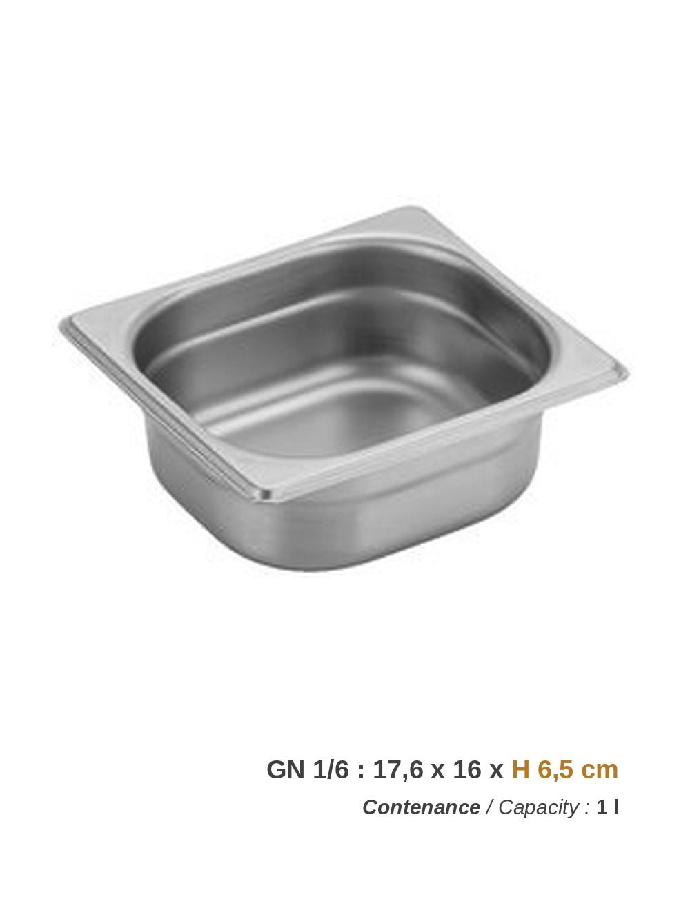Bac GN 1/6 en inox - profondeur 6,5 cm, contenance 1 l
