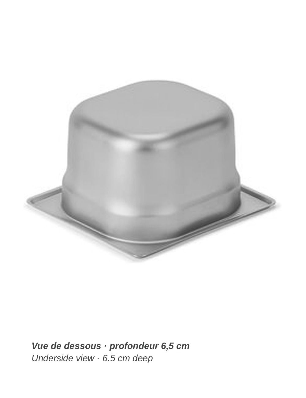 Bac GN 1/6 en inox PADERNO - vue de dessous, profondeur 6,5 cm