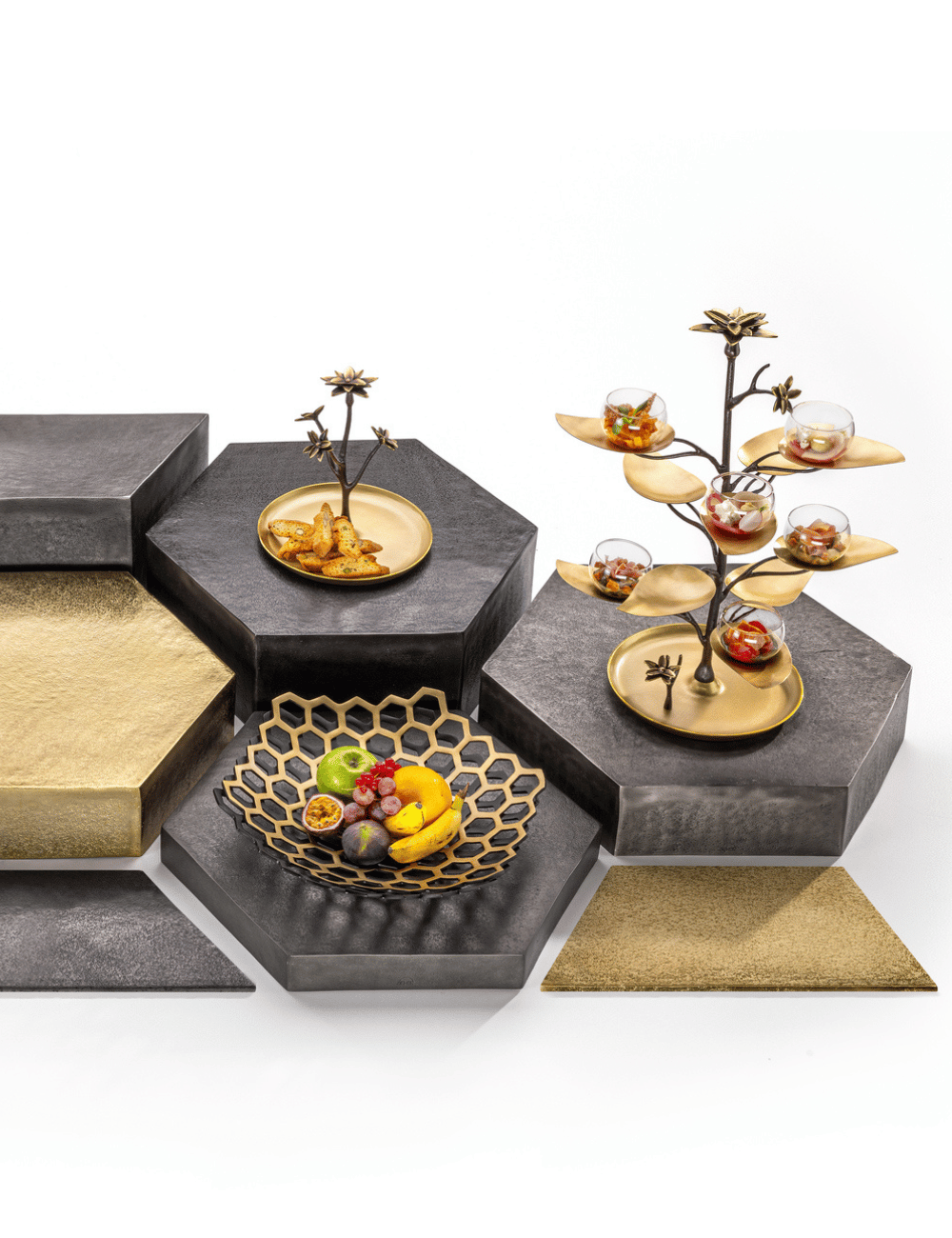 Golden and graphite Scala front half-hexagons laid flat, in use - ZIEHER