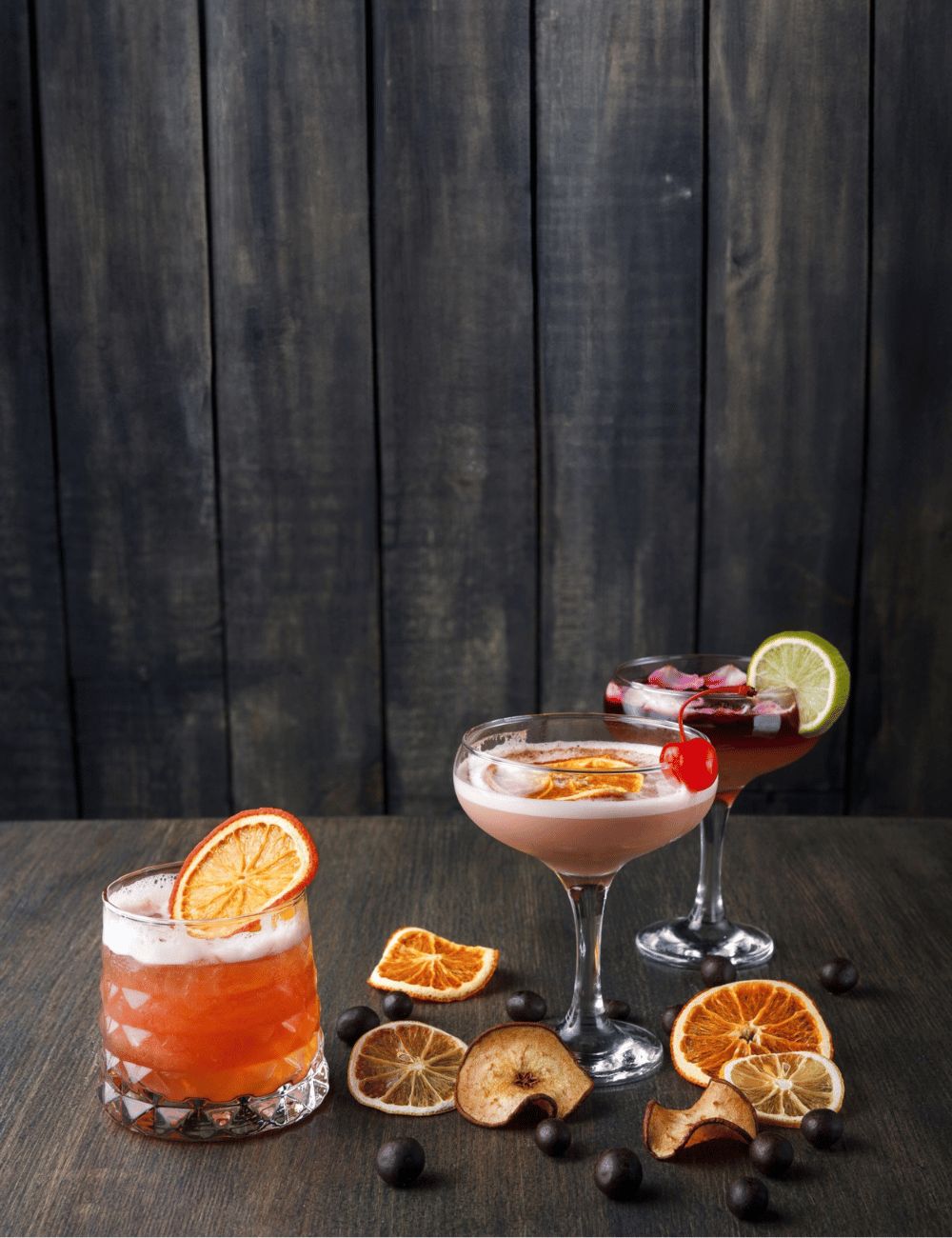 Mise en scène bar avec gamme de fruits en tranche séchés FRONA en garniture cocktail
