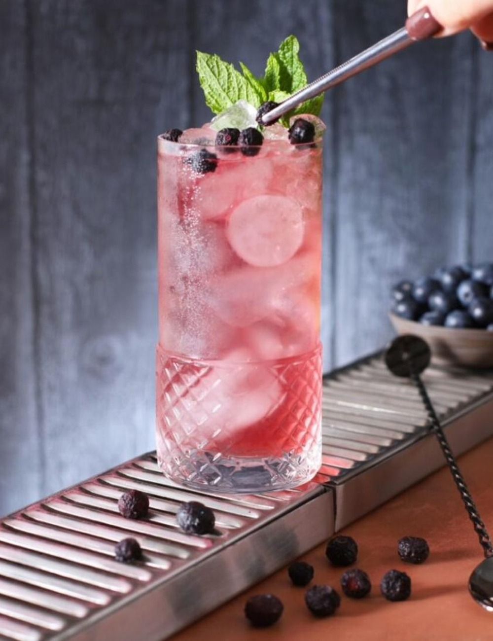 Mise en scène bar avec myrtilles séchées FRONA en garniture cocktail
