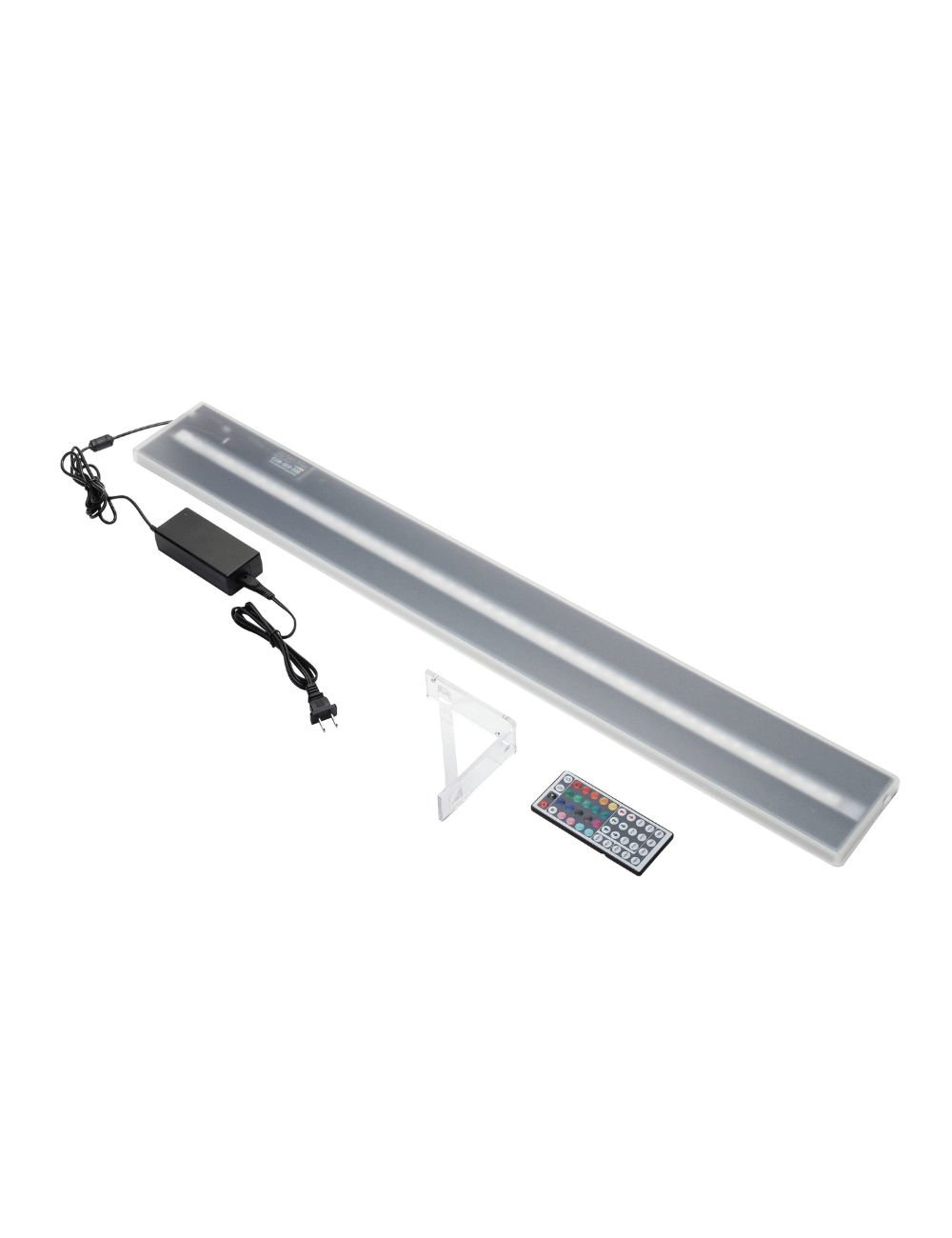 LED Shelf Components: LED tray, power cable, remote control, transparent brackets.