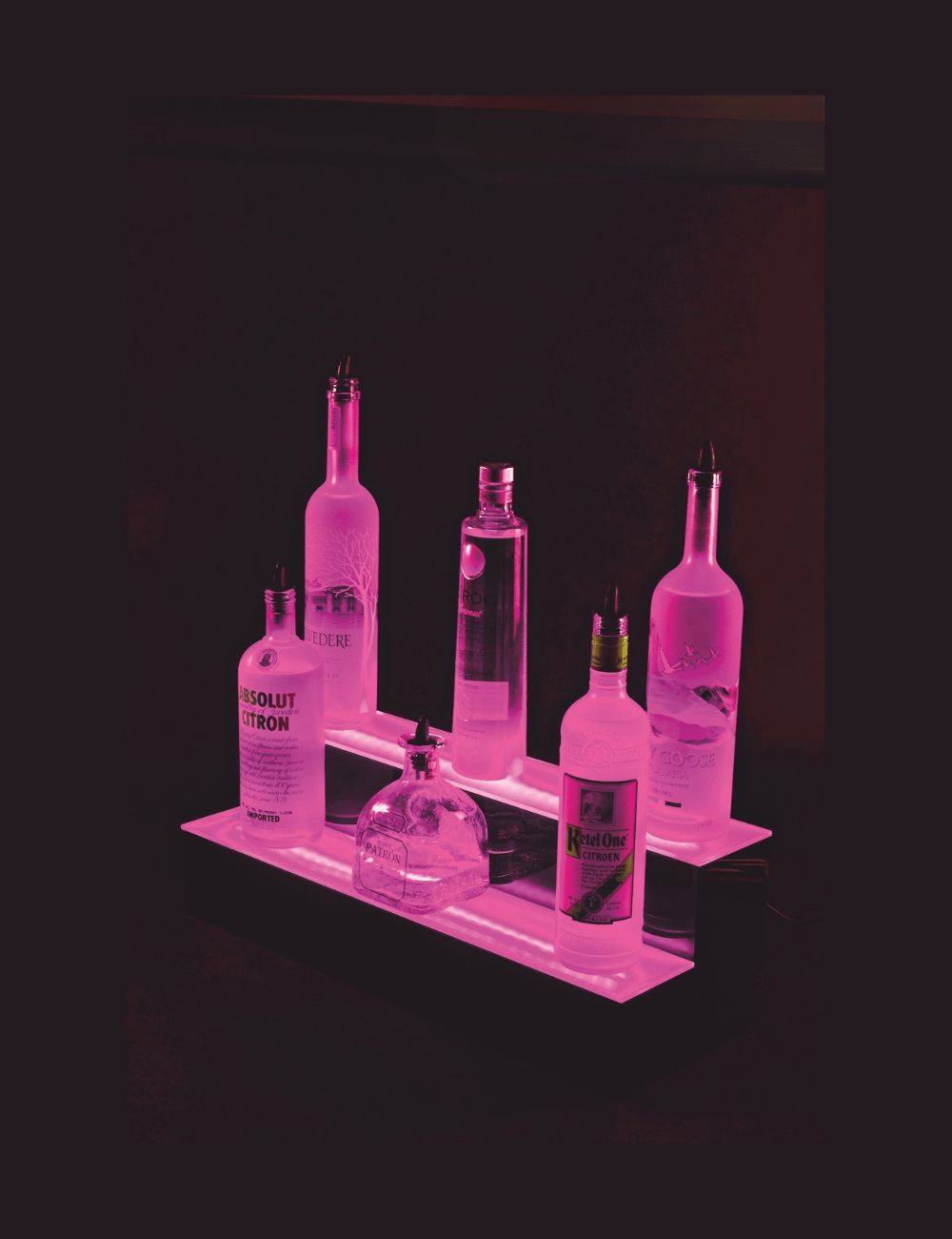 2-tier LED bottle display — colourful pink back-bar lighting