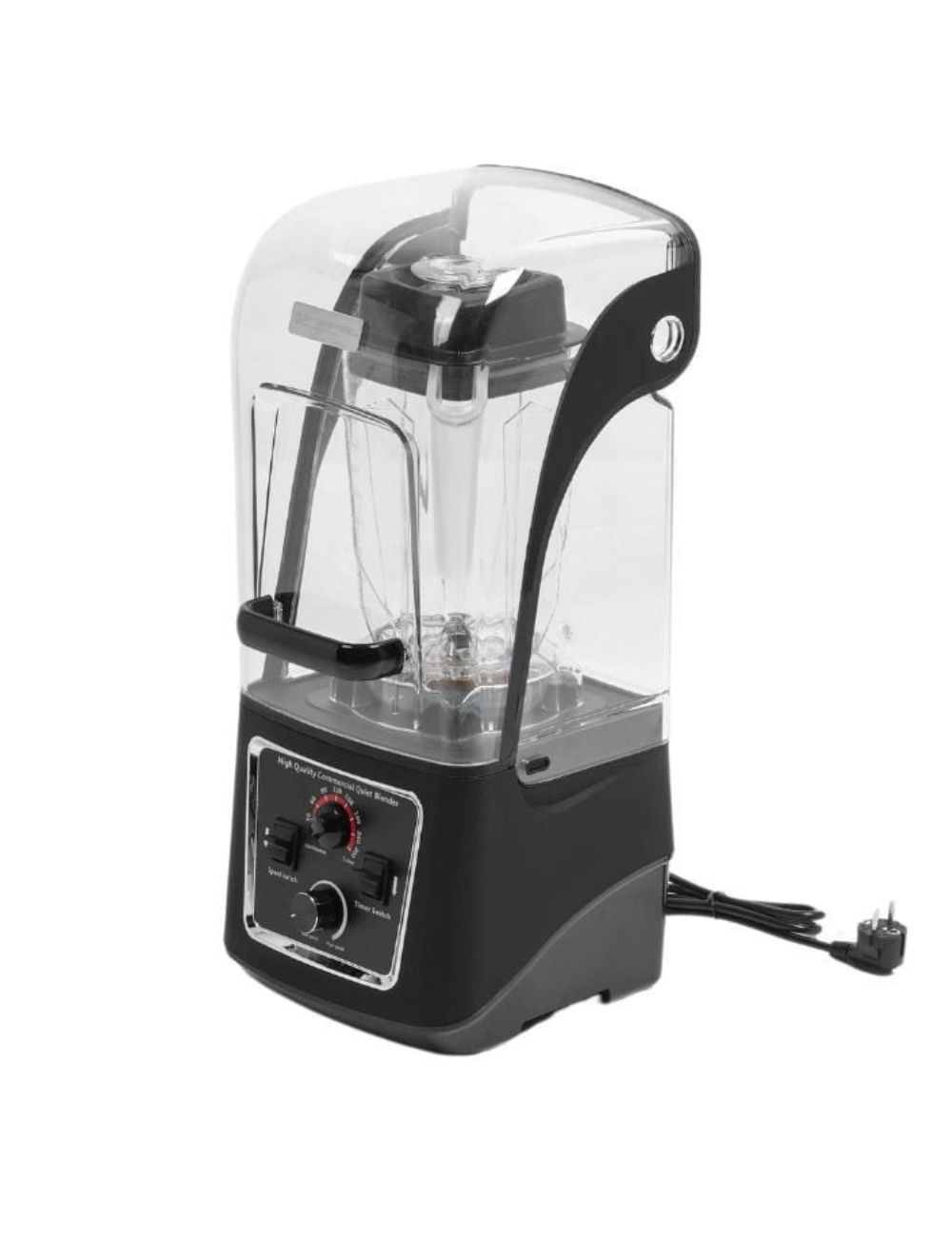 DYNASTEEL sound-insulated professional blender, three-quarter view with power cord