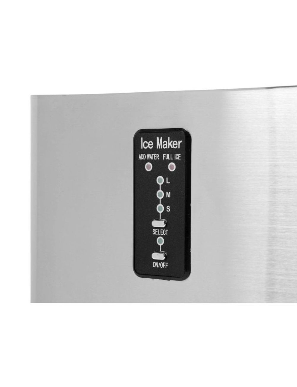 DYNASTEEL ice maker, control panel: add-water and full-ice indicators, S/M/L size selection