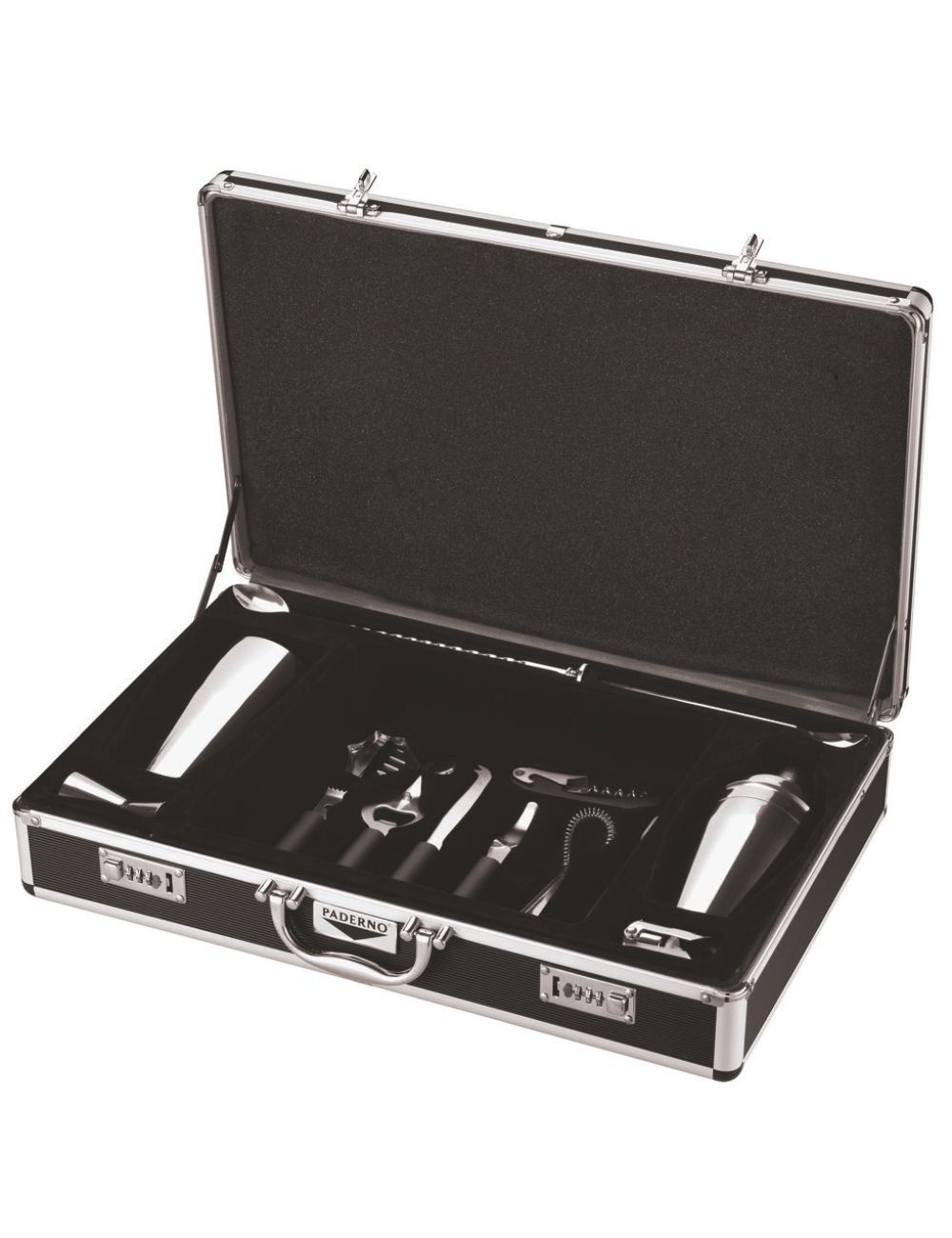 Open bartender case: shakers, mixing spoon and bar tools - PADERNO