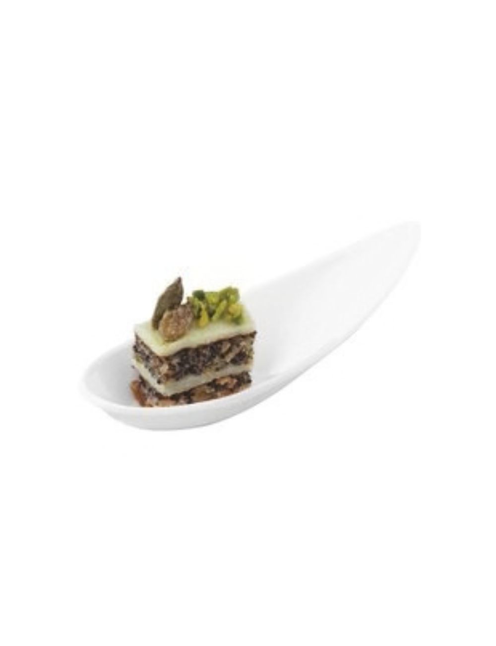 PADERNO white boat-shaped amuse-bouche spoon with a pistachio petit four
