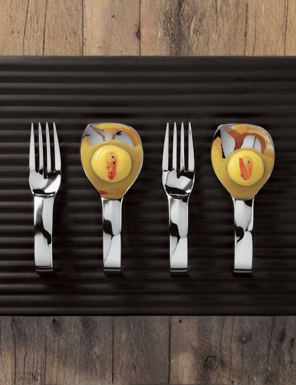 PADERNO stainless steel amuse-bouche spoons with a prawn appetiser