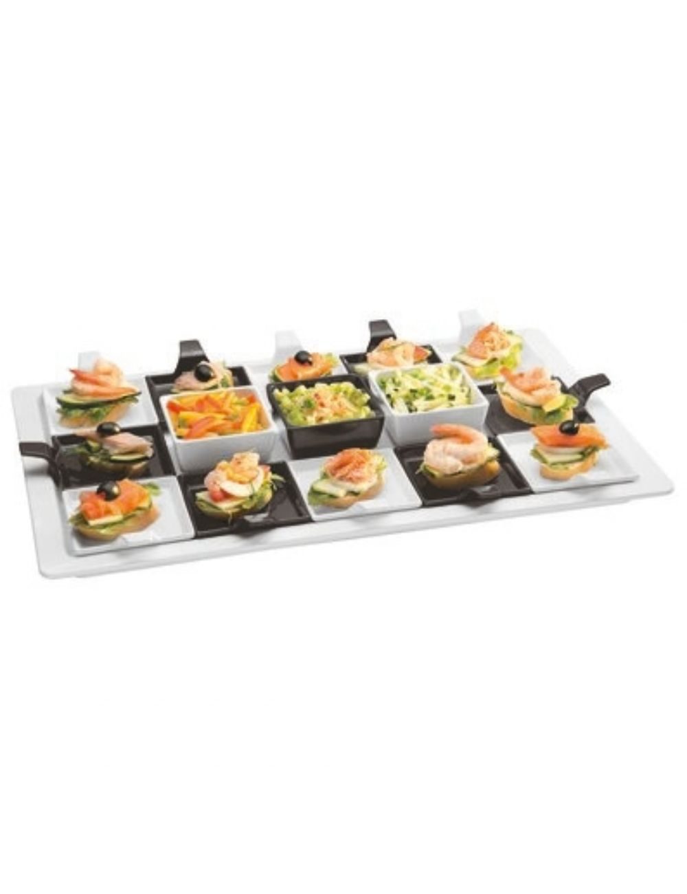 PADERNO white and black melamine square bowls and tasting plates in a chequerboard buffet layout