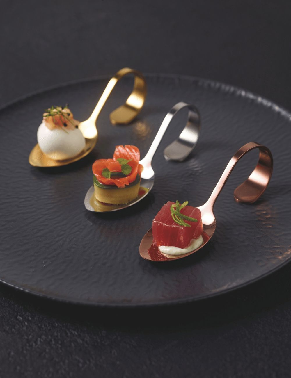 PADERNO silver, copper and gold Gourmet amuse-bouche spoons for use in elegant venues